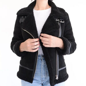 Zara Black Faux Shearling Bomber  Moto Jacket Small
